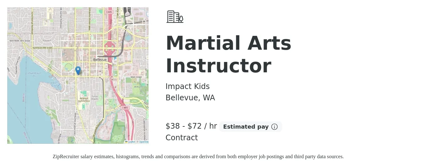 Impact Kids job posting for a Martial Arts Instructor in Bellevue, WA with a salary of $40 to $75 Hourly with a map of Bellevue location.