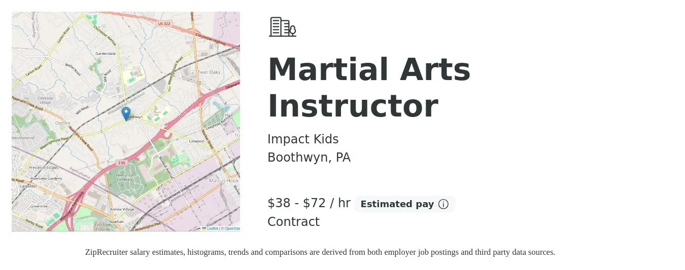Impact Kids job posting for a Martial Arts Instructor in Boothwyn, PA with a salary of $40 to $75 Hourly with a map of Boothwyn location.