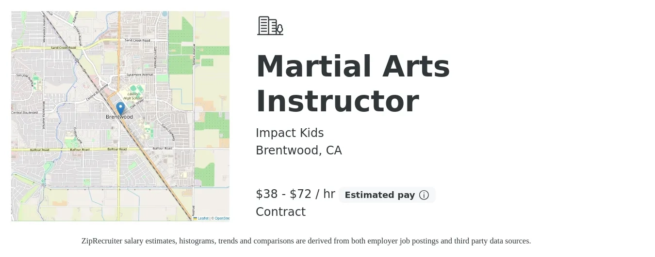 Impact Kids job posting for a Martial Arts Instructor in Brentwood, CA with a salary of $40 to $75 Hourly with a map of Brentwood location.