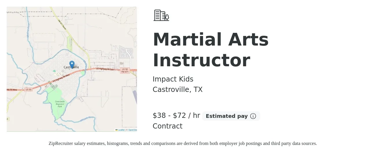 Impact Kids job posting for a Martial Arts Instructor in Castroville, TX with a salary of $40 to $75 Hourly with a map of Castroville location.