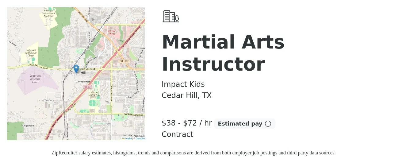 Impact Kids job posting for a Martial Arts Instructor in Cedar Hill, TX with a salary of $40 to $75 Hourly with a map of Cedar Hill location.