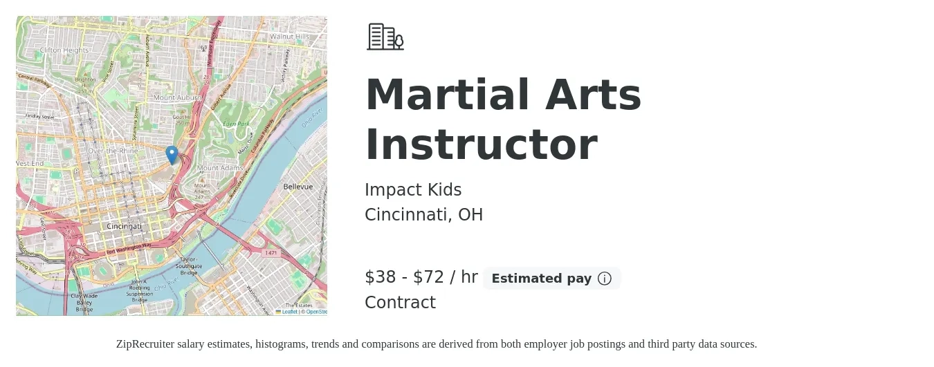 Impact Kids job posting for a Martial Arts Instructor in Cincinnati, OH with a salary of $40 to $75 Hourly with a map of Cincinnati location.
