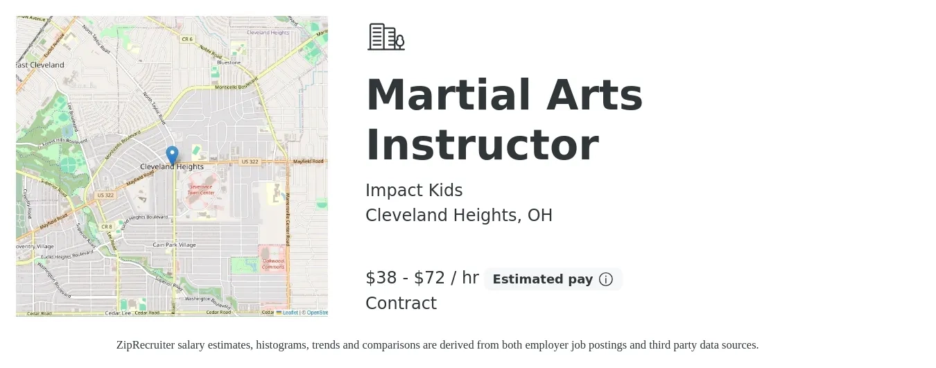 Impact Kids job posting for a Martial Arts Instructor in Cleveland Heights, OH with a salary of $40 to $75 Hourly with a map of Cleveland Heights location.