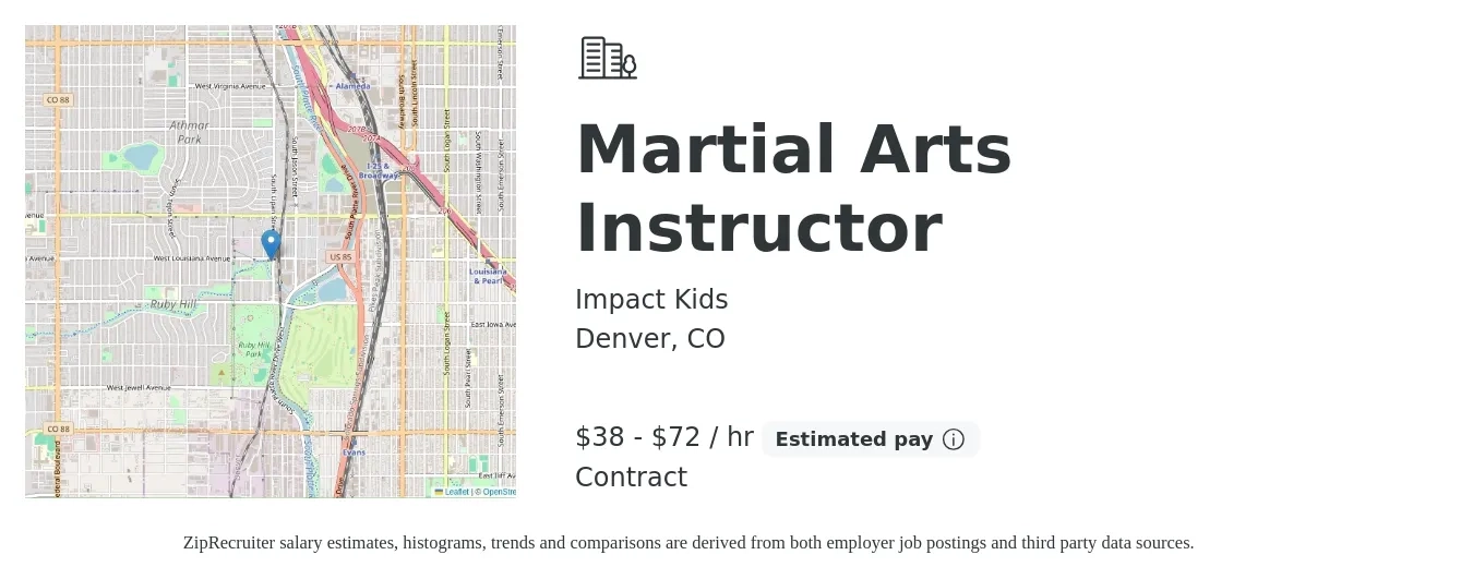 Impact Kids job posting for a Martial Arts Instructor in Denver, CO with a salary of $40 to $75 Hourly with a map of Denver location.