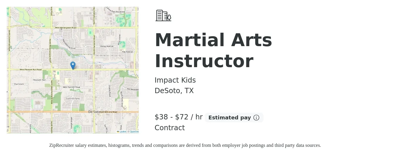 Impact Kids job posting for a Martial Arts Instructor in DeSoto, TX with a salary of $40 to $75 Hourly with a map of DeSoto location.