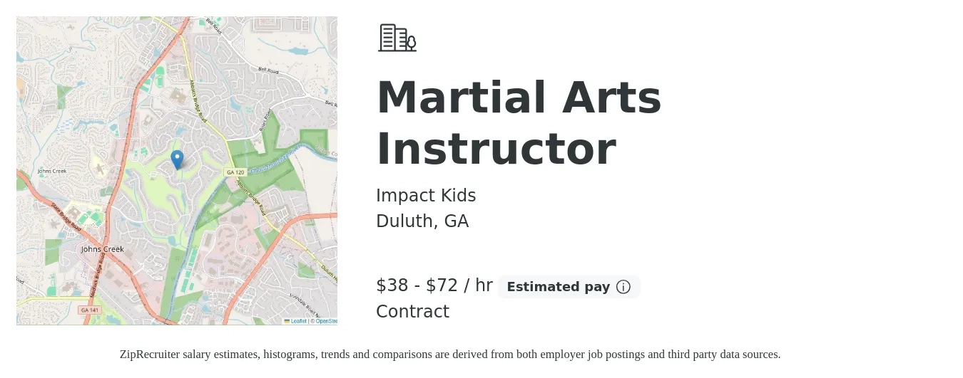 Impact Kids job posting for a Martial Arts Instructor in Duluth, GA with a salary of $40 to $75 Hourly with a map of Duluth location.