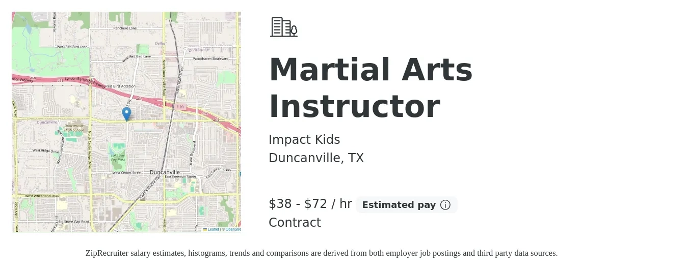 Impact Kids job posting for a Martial Arts Instructor in Duncanville, TX with a salary of $40 to $75 Hourly with a map of Duncanville location.