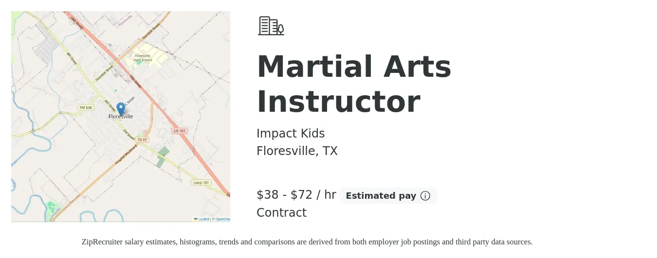 Impact Kids job posting for a Martial Arts Instructor in Floresville, TX with a salary of $40 to $75 Hourly with a map of Floresville location.