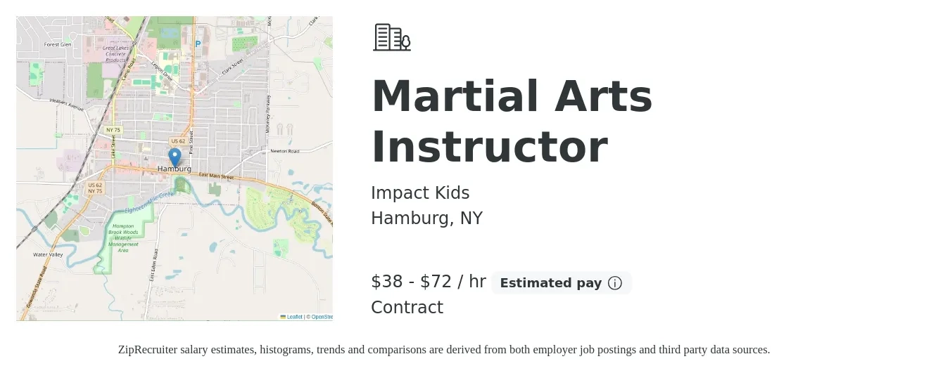 Impact Kids job posting for a Martial Arts Instructor in Hamburg, NY with a salary of $40 to $75 Hourly with a map of Hamburg location.