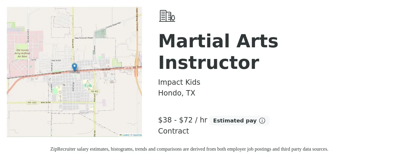 Impact Kids job posting for a Martial Arts Instructor in Hondo, TX with a salary of $40 to $75 Hourly with a map of Hondo location.