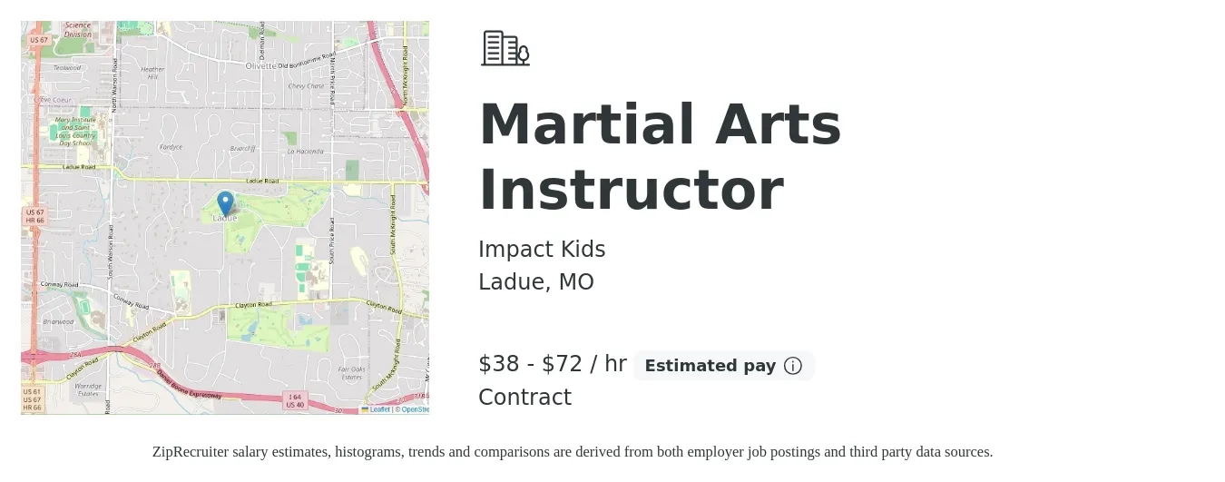 Impact Kids job posting for a Martial Arts Instructor in Ladue, MO with a salary of $40 to $75 Hourly with a map of Ladue location.