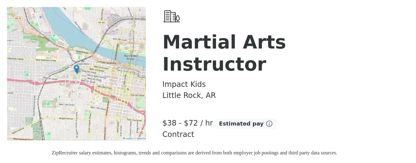 Impact Kids job posting for a Martial Arts Instructor in Little Rock, AR with a salary of $40 to $75 Hourly with a map of Little Rock location.