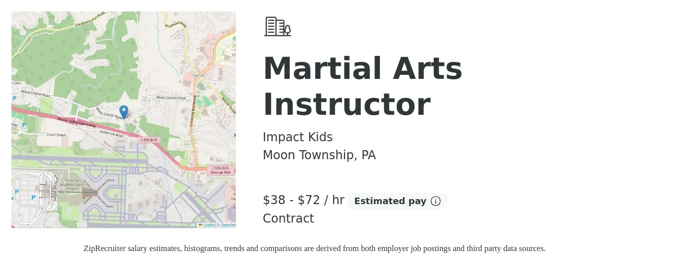 Impact Kids job posting for a Martial Arts Instructor in Moon Township, PA with a salary of $40 to $75 Hourly with a map of Moon Township location.