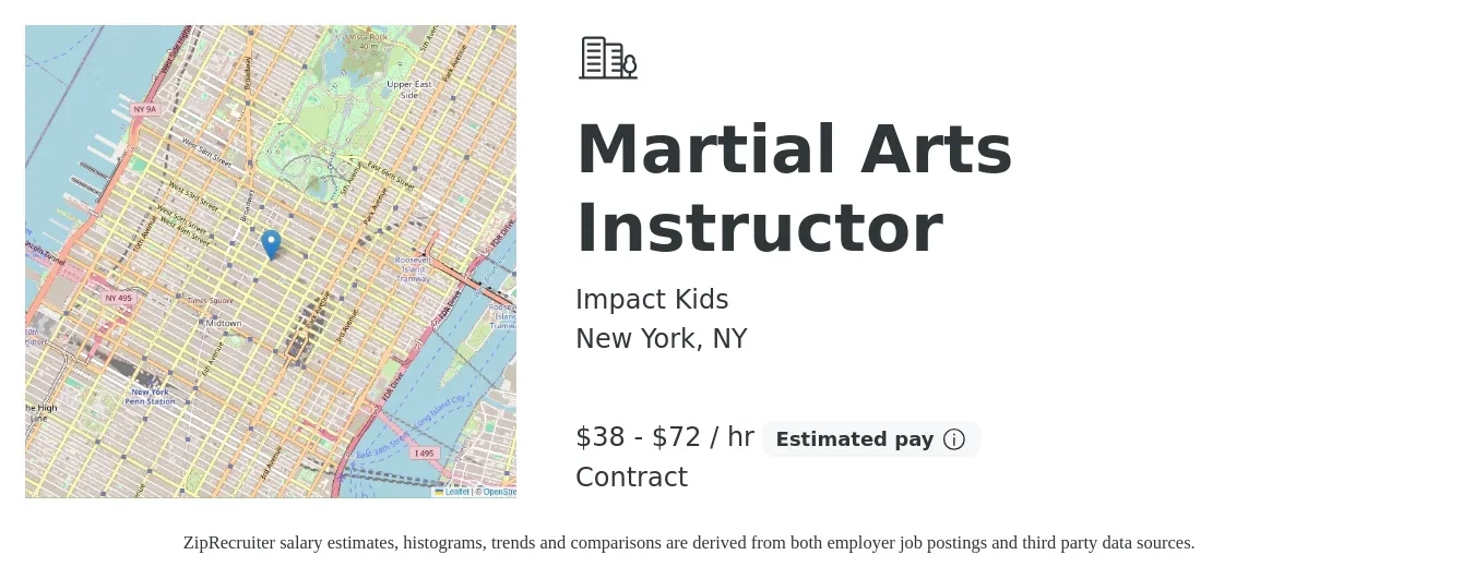 Impact Kids job posting for a Martial Arts Instructor in New York, NY with a salary of $40 to $75 Hourly with a map of New York location.