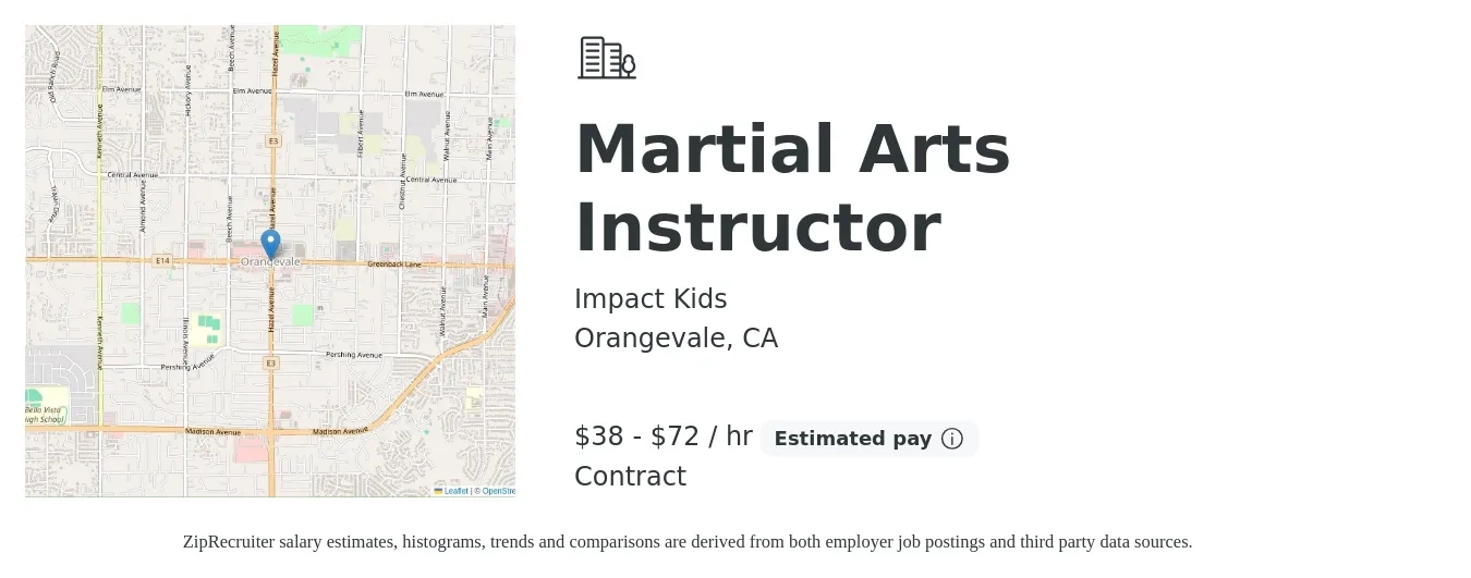 Impact Kids job posting for a Martial Arts Instructor in Orangevale, CA with a salary of $40 to $75 Hourly with a map of Orangevale location.