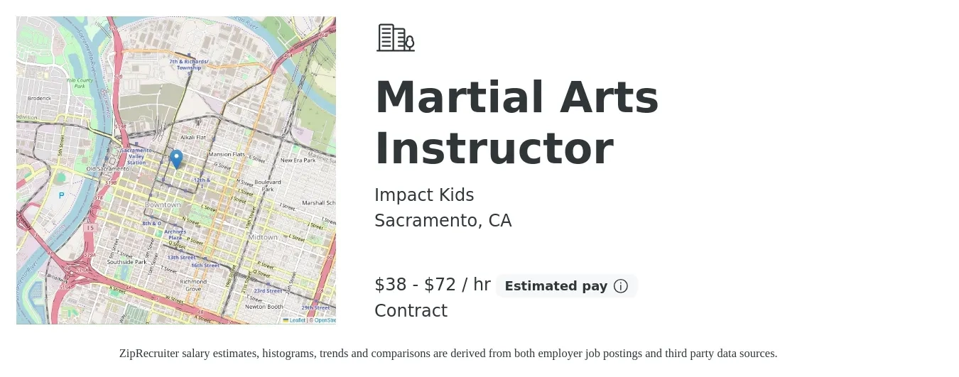 Impact Kids job posting for a Martial Arts Instructor in Sacramento, CA with a salary of $40 to $75 Hourly with a map of Sacramento location.