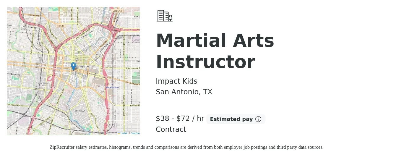 Impact Kids job posting for a Martial Arts Instructor in San Antonio, TX with a salary of $40 to $75 Hourly with a map of San Antonio location.