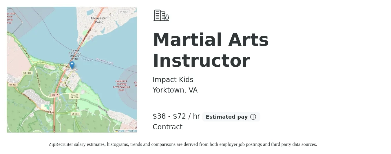 Impact Kids job posting for a Martial Arts Instructor in Yorktown, VA with a salary of $40 to $75 Hourly with a map of Yorktown location.