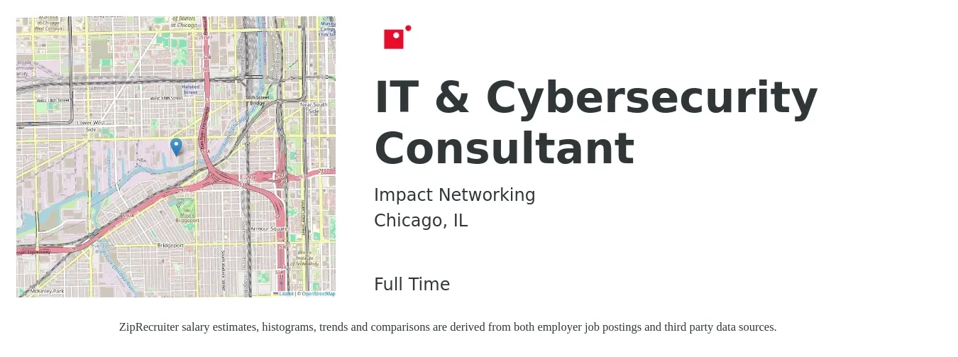 Impact Networking job posting for a IT & Cybersecurity Consultant in Chicago, IL with a salary of $58,800 to $105,700 Yearly with a map of Chicago location.