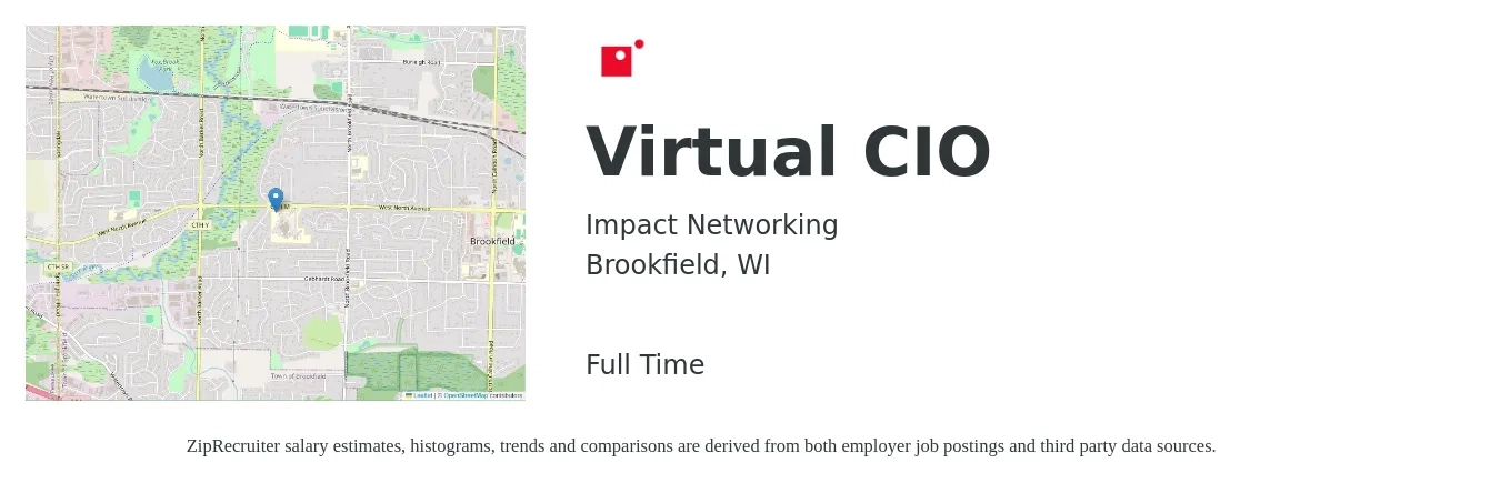 Impact Networking job posting for a Virtual CIO in Brookfield, WI with a salary of $118,300 to $178,400 Yearly with a map of Brookfield location.