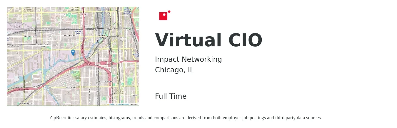 Impact Networking job posting for a Virtual CIO in Chicago, IL with a salary of $128,900 to $194,300 Yearly with a map of Chicago location.