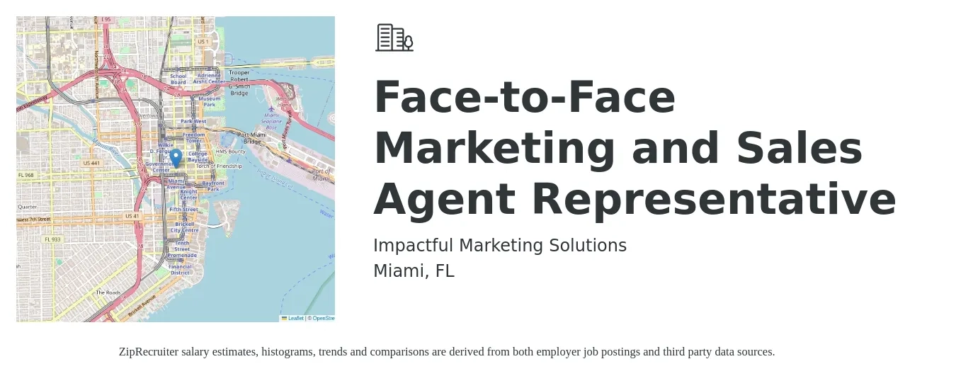 Impactful Marketing Solutions job posting for a Face-to-Face Marketing and Sales Agent Representative in Miami, FL with a salary of $100 to $200 Daily with a map of Miami location.