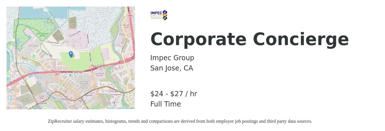 Impec Group job posting for a Corporate Concierge in San Jose, CA with a salary of $25 to $29 Hourly with a map of San Jose location.
