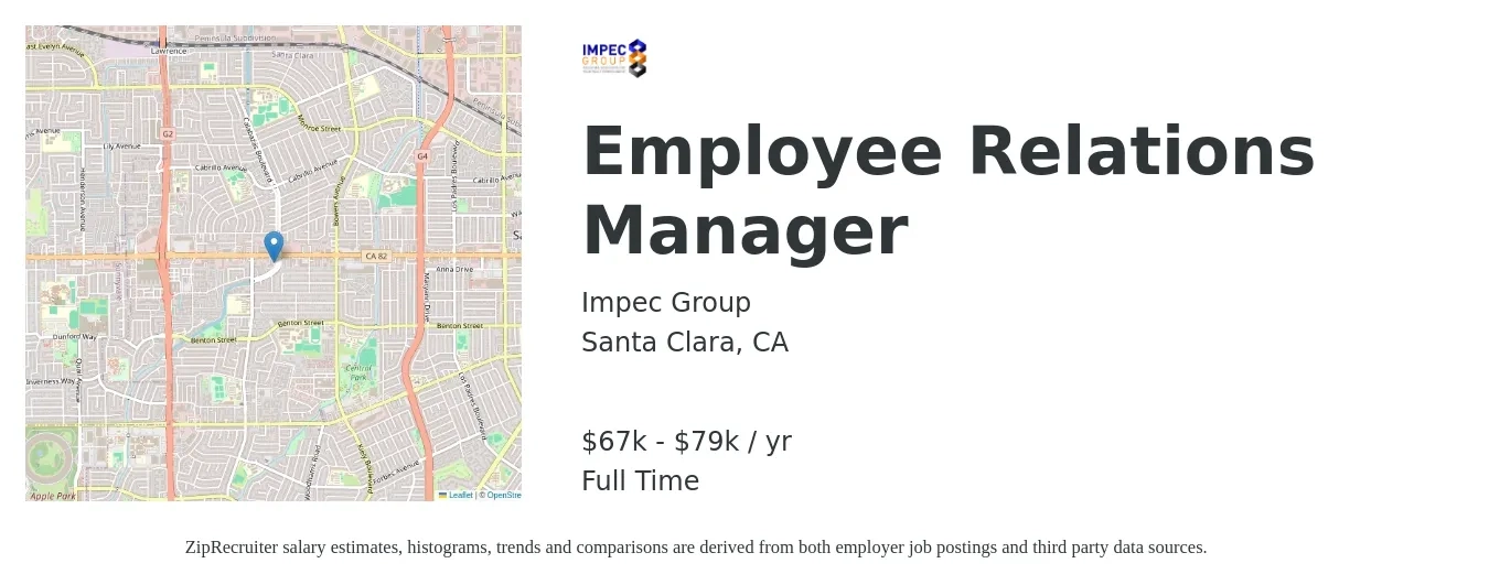 Impec Group job posting for a Employee Relations Manager in Santa Clara, CA with a salary of $67,000 to $79,000 Yearly with a map of Santa Clara location.