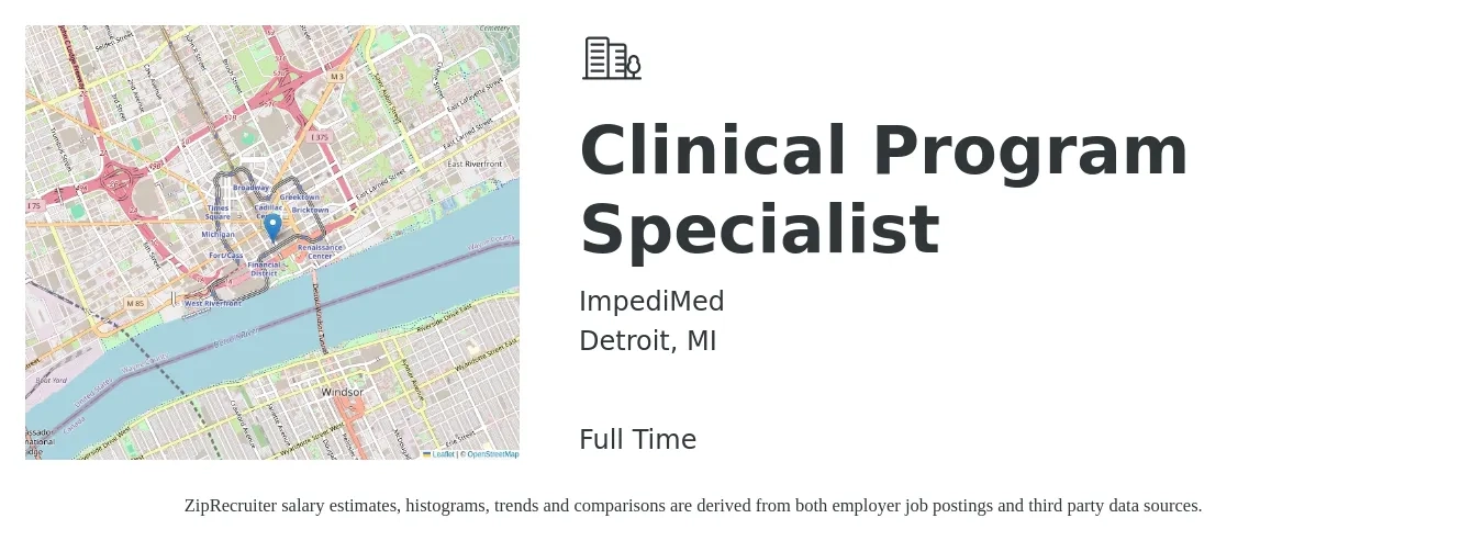 ImpediMed job posting for a Clinical Program Specialist in Detroit, MI with a salary of $44,500 to $82,200 Yearly with a map of Detroit location.