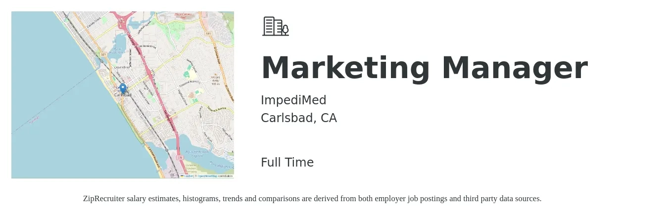 ImpediMed job posting for a Marketing Manager in Carlsbad, CA with a salary of $120,000 to $160,000 Yearly with a map of Carlsbad location.