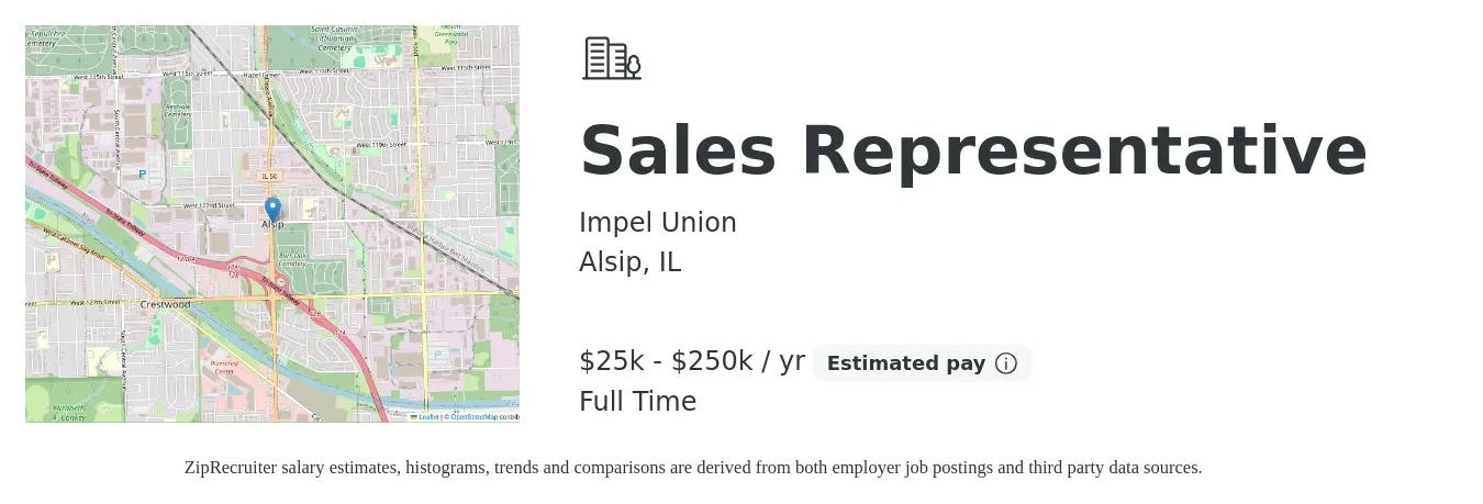 Impel Union job posting for a Sales Representative in Alsip, IL with a salary of $25,000 to $250,000 Yearly with a map of Alsip location.