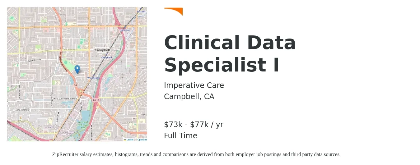 Imperative Care job posting for a Clinical Data Specialist I in Campbell, CA with a salary of $73,000 to $77,000 Yearly with a map of Campbell location.