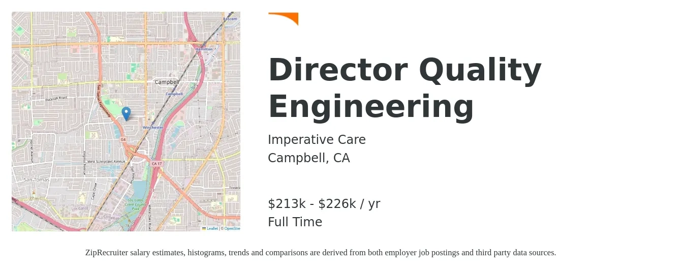 Imperative Care job posting for a Director Quality Engineering in Campbell, CA with a salary of $213,000 to $226,000 Yearly with a map of Campbell location.