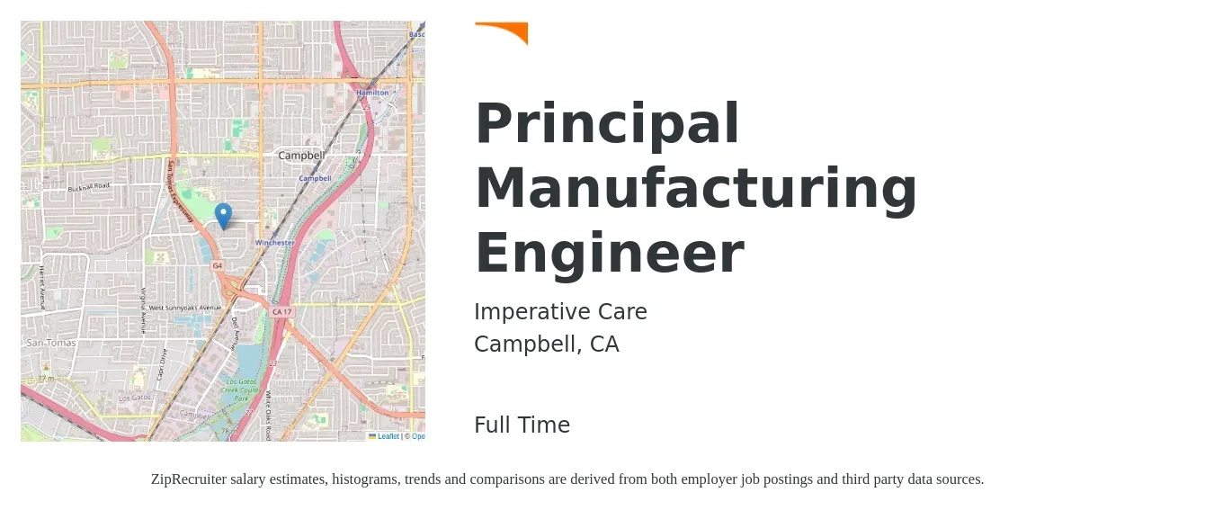 Imperative Care job posting for a Principal Manufacturing Engineer in Campbell, CA with a salary of $136,600 to $199,400 Yearly with a map of Campbell location.