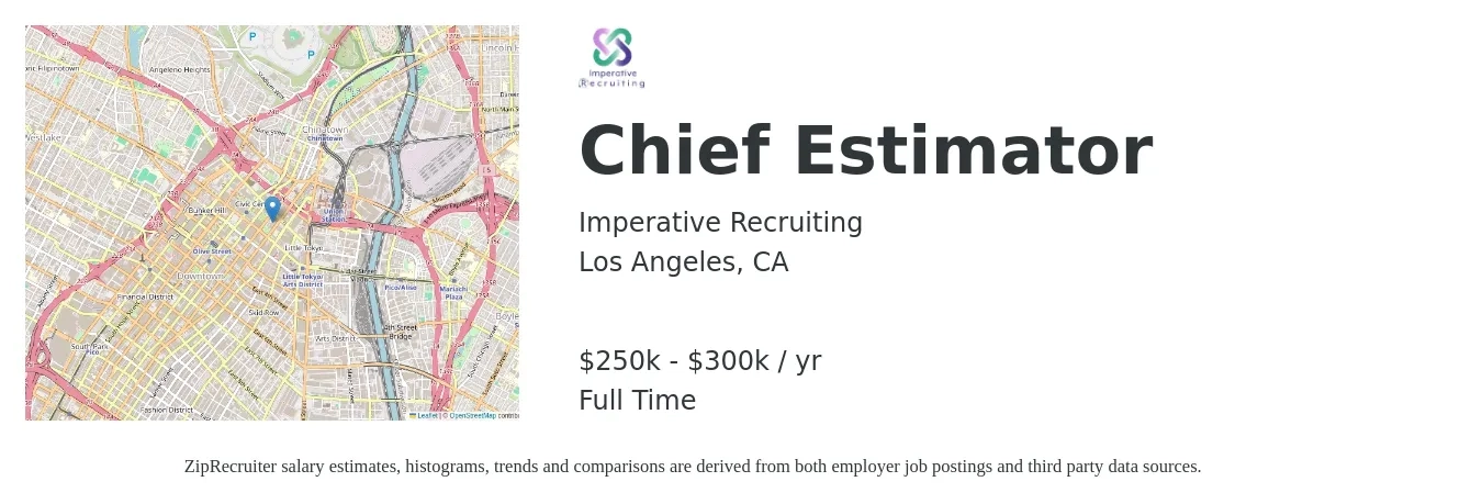 Imperative Recruiting job posting for a Chief Estimator in Los Angeles, CA with a salary of $250,000 to $300,000 Yearly with a map of Los Angeles location.