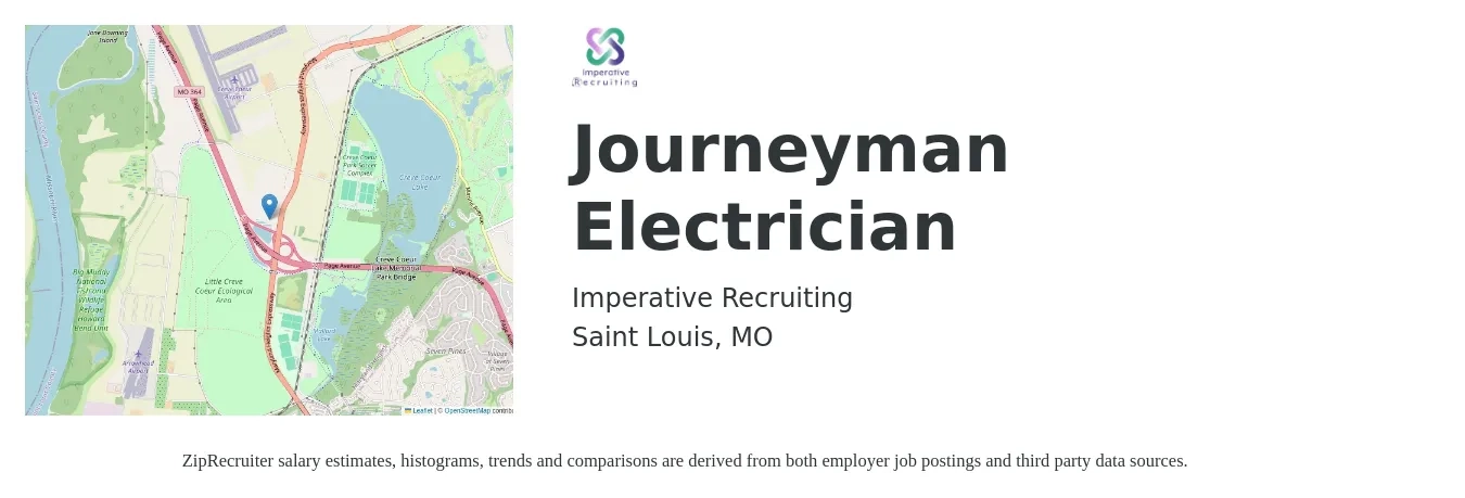 Imperative Recruiting job posting for a Journeyman Electrician in Saint Louis, MO with a salary of $26 to $36 Hourly with a map of Saint Louis location.
