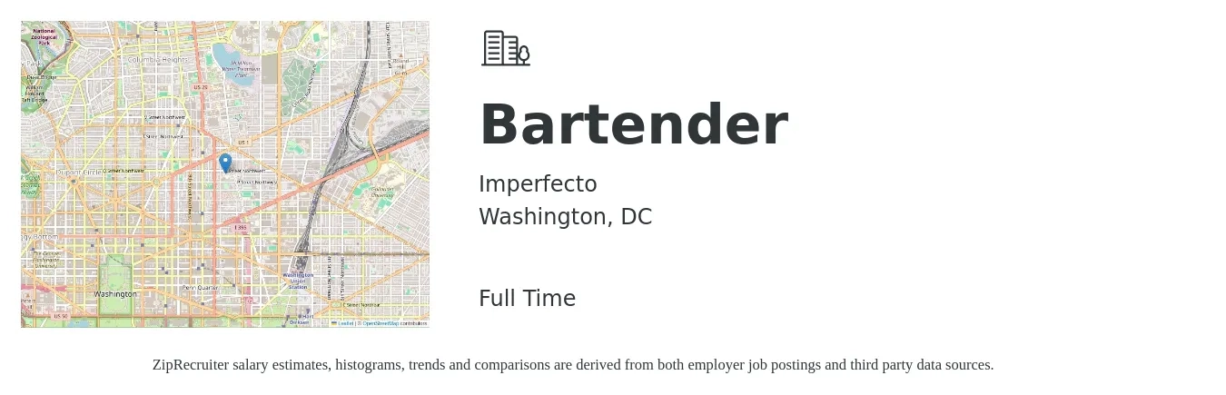 Imperfecto job posting for a Bartender in Washington, DC with a salary of $11 to $21 Hourly with a map of Washington location.