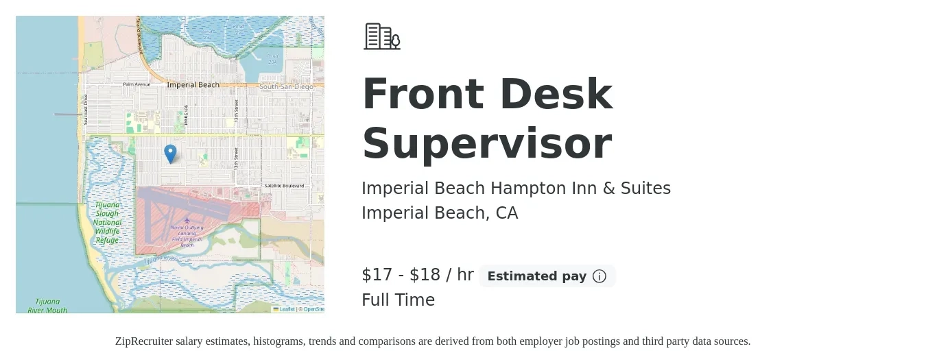 Imperial Beach Hampton Inn & Suites job posting for a Front Desk Supervisor in Imperial Beach, CA with a salary of $18 to $19 Hourly with a map of Imperial Beach location.