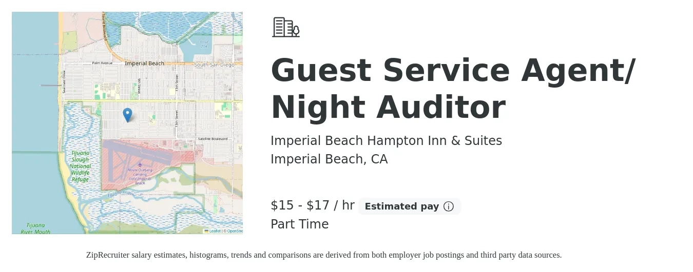Imperial Beach Hampton Inn & Suites job posting for a Guest Service Agent/ Night Auditor in Imperial Beach, CA with a salary of $16 to $18 Hourly with a map of Imperial Beach location.