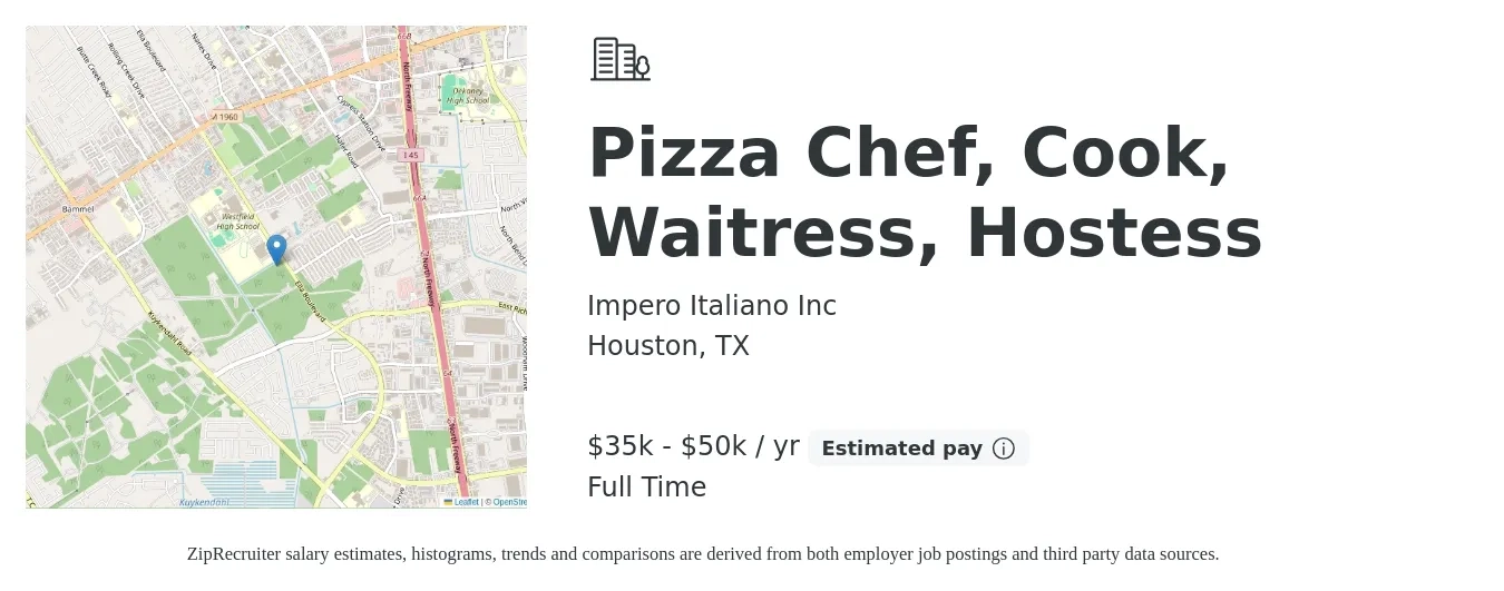 Impero Italiano Inc job posting for a Pizza Chef, Cook, Waitress, Hostess in Houston, TX with a salary of $35,000 to $50,000 Yearly with a map of Houston location.