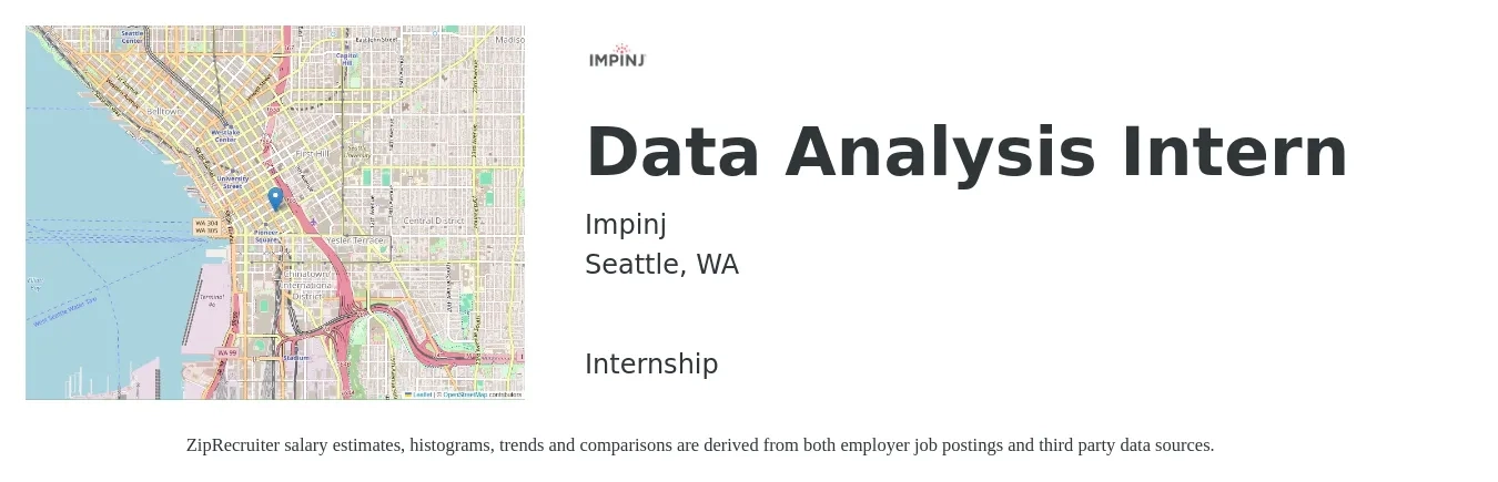 Impinj job posting for a Data Analysis Intern in Seattle, WA with a salary of $20 to $29 Hourly with a map of Seattle location.
