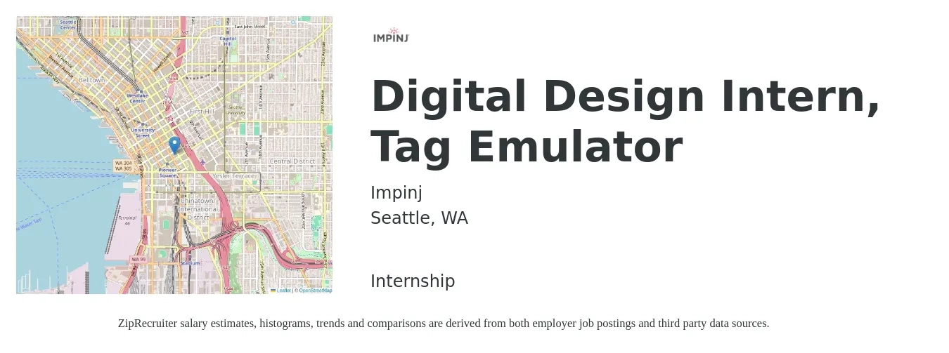 Impinj job posting for a Digital Design Intern, Tag Emulator in Seattle, WA with a salary of $17 to $26 Hourly with a map of Seattle location.