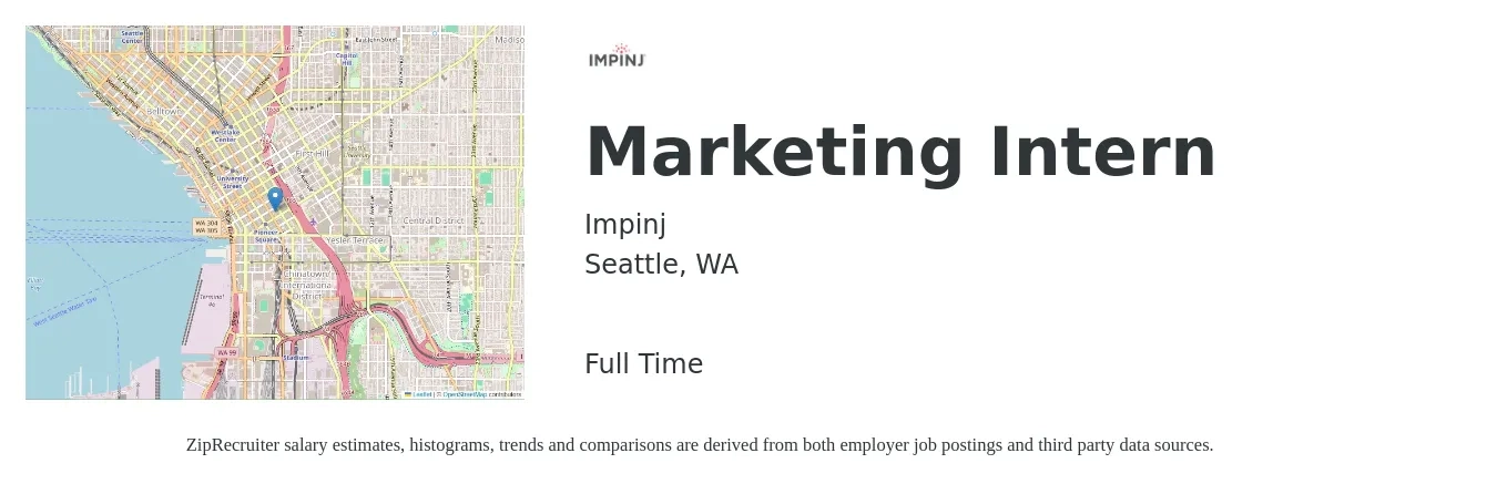 Impinj job posting for a Marketing Intern in Seattle, WA with a salary of $17 to $23 Hourly with a map of Seattle location.