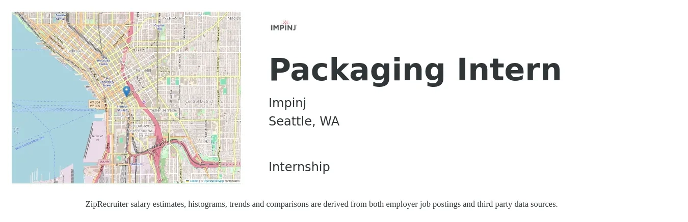 Impinj job posting for a Packaging Intern in Seattle, WA with a salary of $17 to $23 Hourly with a map of Seattle location.