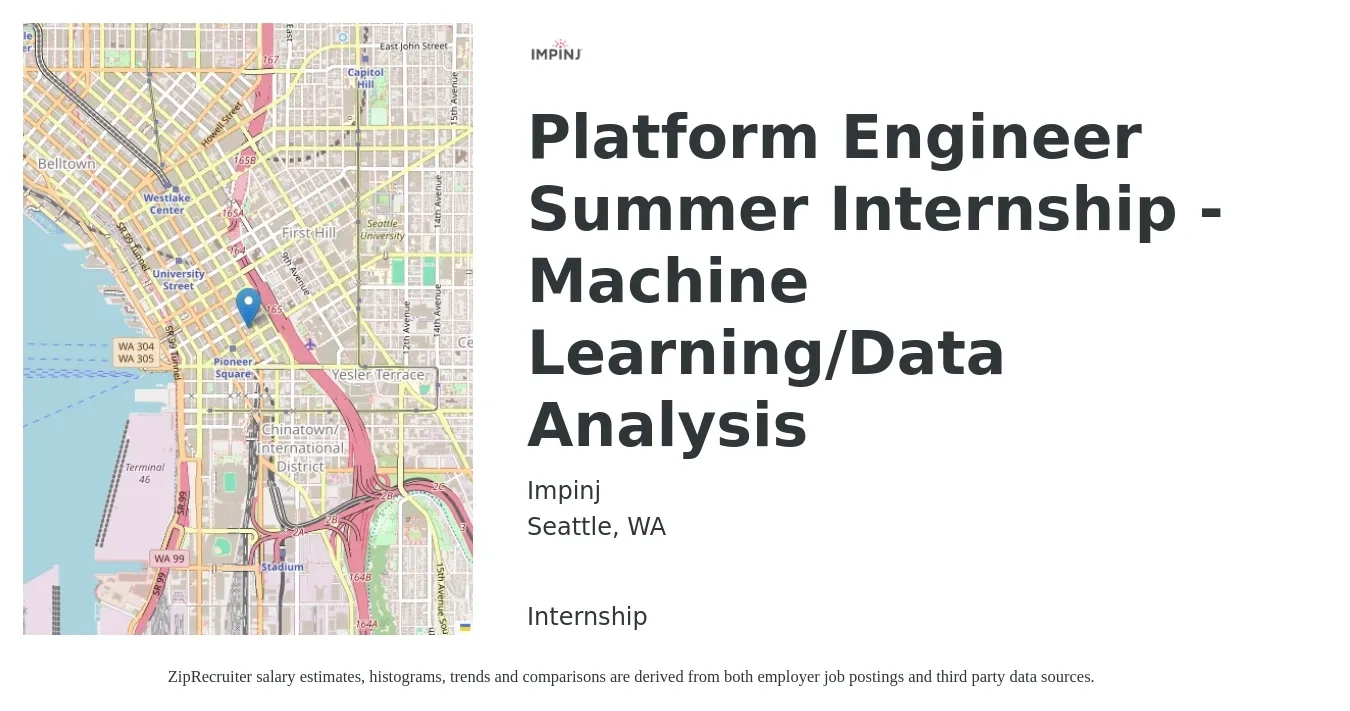 Impinj job posting for a Platform Engineer Summer Internship - Machine Learning/Data Analysis in Seattle, WA with a salary of $24 to $34 Hourly with a map of Seattle location.