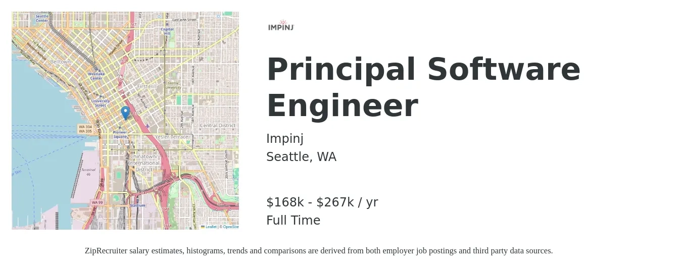 Impinj job posting for a Principal Software Engineer in Seattle, WA with a salary of $168,000 to $267,000 Yearly with a map of Seattle location.