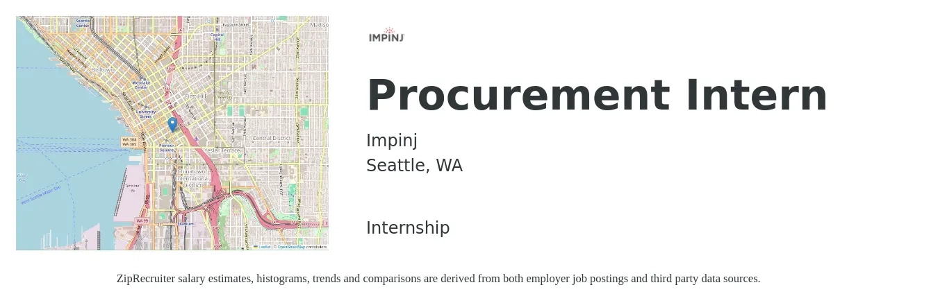 Impinj job posting for a Procurement Intern in Seattle, WA with a salary of $20 to $28 Hourly with a map of Seattle location.