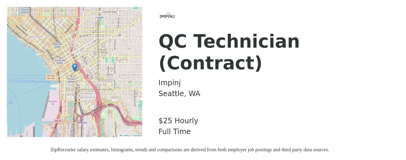Impinj job posting for a QC Technician (Contract) in Seattle, WA with a salary of $27 Hourly with a map of Seattle location.
