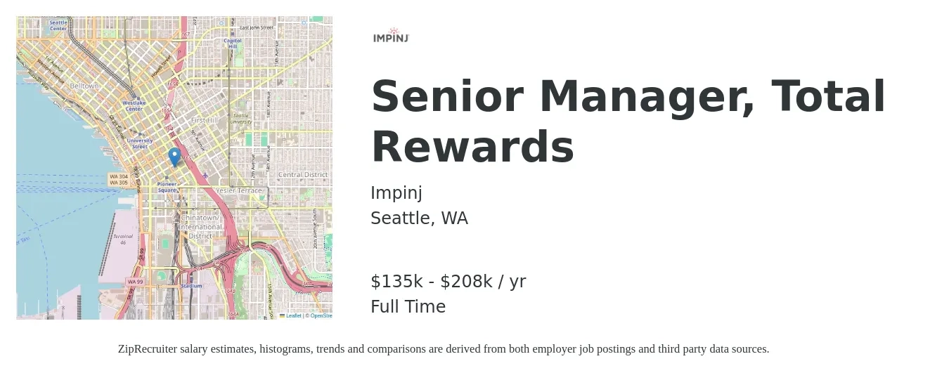 Impinj job posting for a Senior Manager, Total Rewards in Seattle, WA with a salary of $135,000 to $208,000 Yearly with a map of Seattle location.