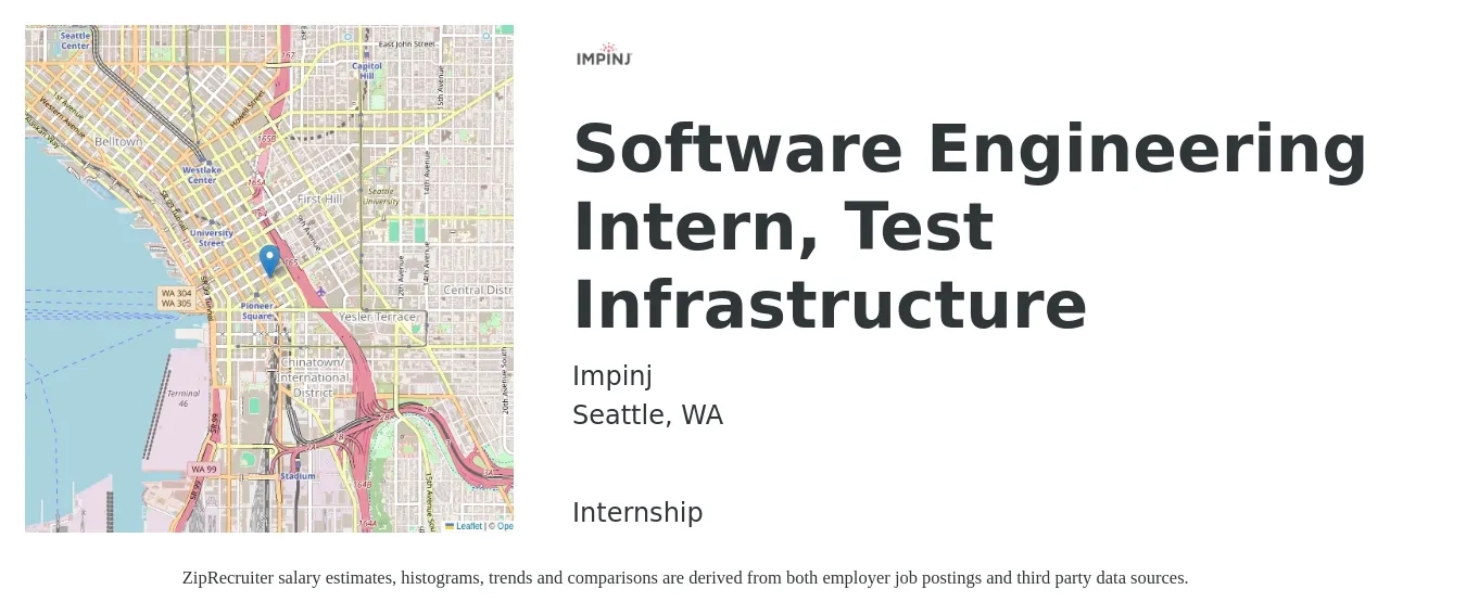 Impinj job posting for a Software Engineering Intern, Test Infrastructure in Seattle, WA with a salary of $24 to $34 Hourly with a map of Seattle location.